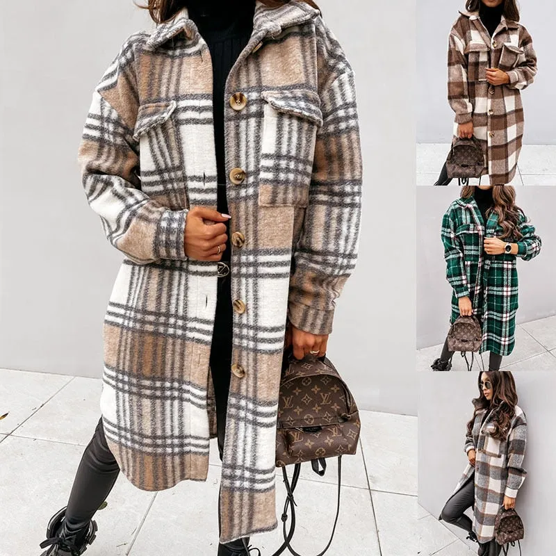 2022 new Women Super Long Checked Jacket Casual Oversized Shirt Jackets