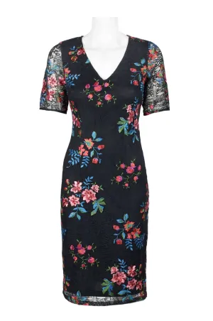 Adrianna Papell V-Neck Short Sleeve Bodycon Zipper Back Floral Embroidered Lace Dress