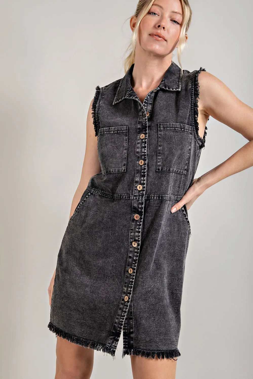 Ash Black Mineral Wash Denim Sleeveless Mini Dress - Final Sale