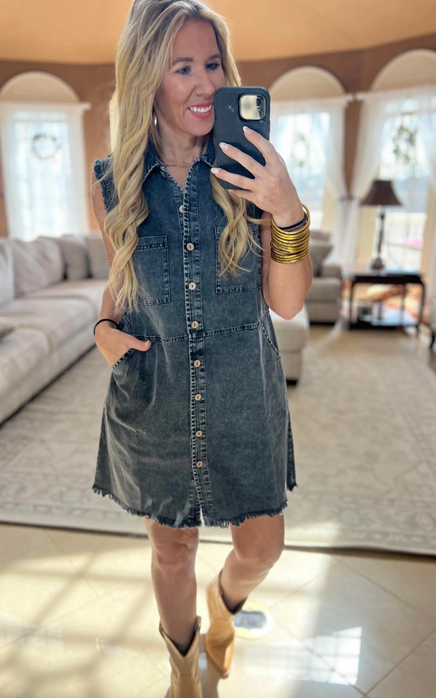 Ash Black Mineral Wash Denim Sleeveless Mini Dress - Final Sale