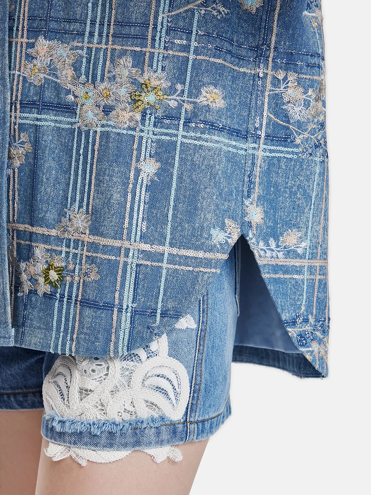 Beaded Embroidery Plaid Denim Shirt Jacket