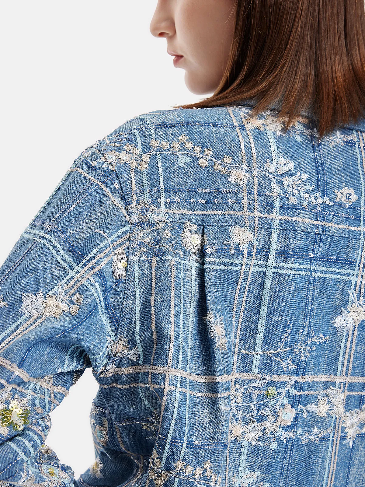 Beaded Embroidery Plaid Denim Shirt Jacket