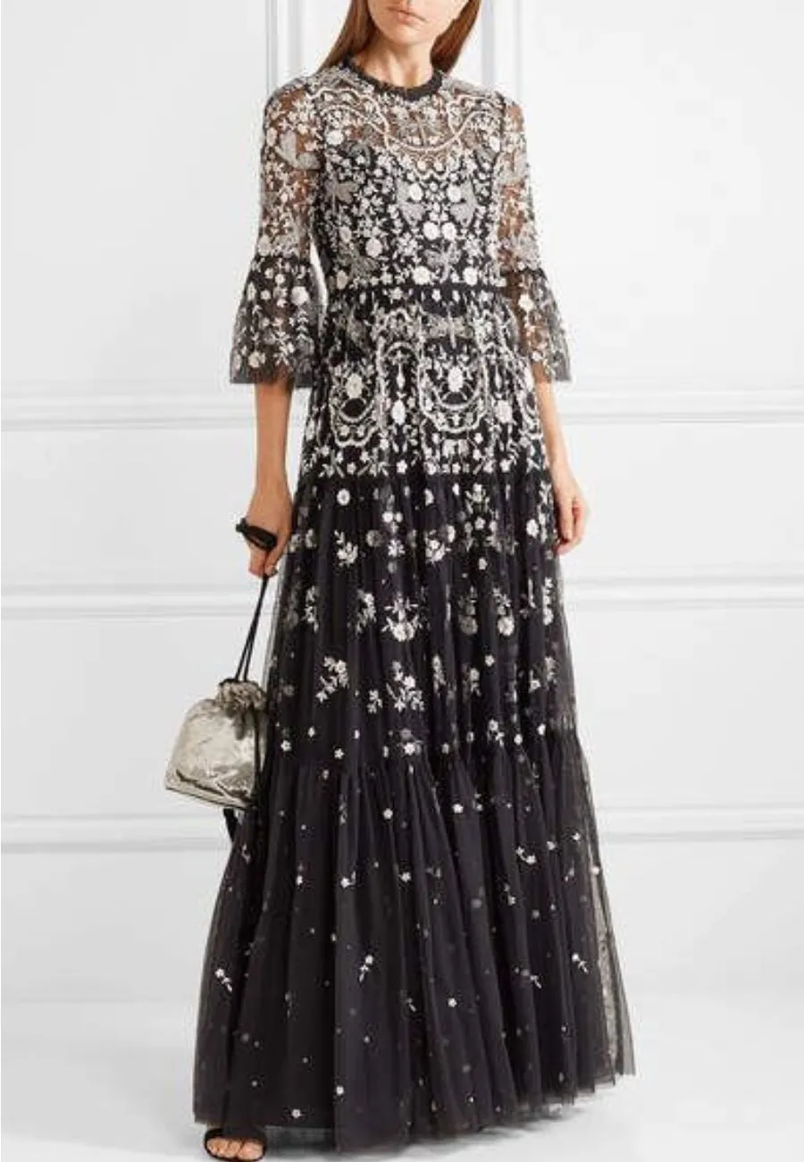 Black Dragonfly Garden 3/4 Sleeves Embellished Tulle Gown