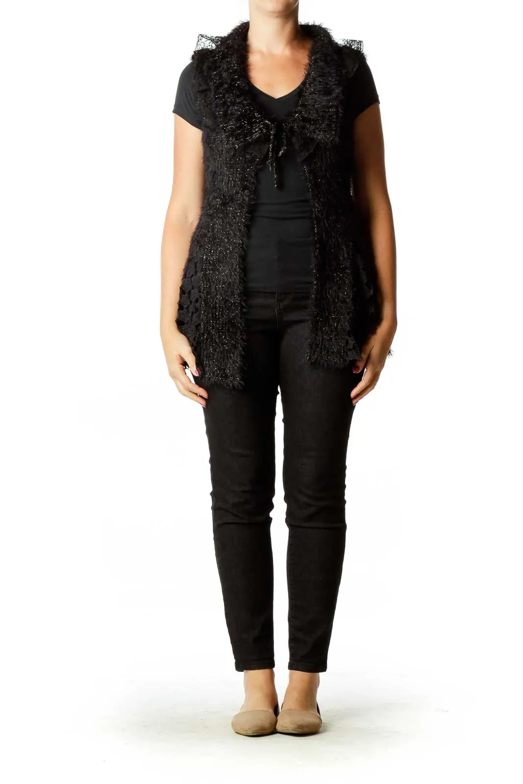 Black Metallic Faux-Fur Vest