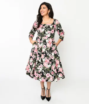 Black Pink Bloom Swing Dress