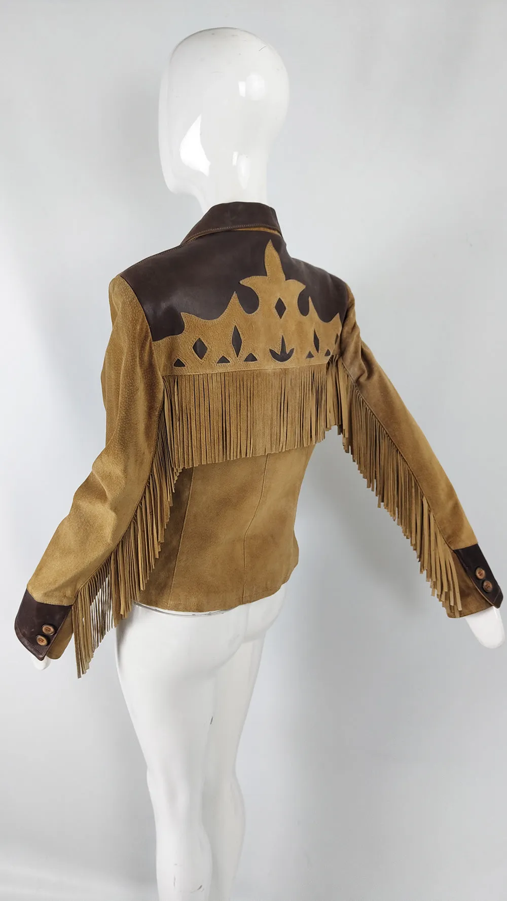 Byblos Vintage Womens Suede & Leather Fringed Jacket, 1980s