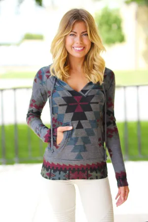 Charcoal Tribal Print Hooded Sweater