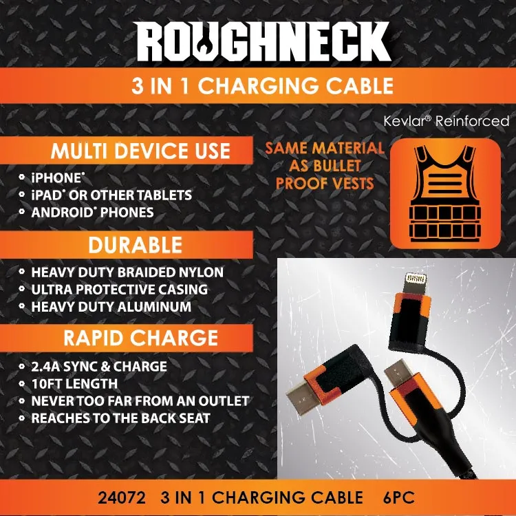 Charging Cable 3 in 1 USB to USB-C / Lightning / Micro USB 10FT 2.4 Amp - 6 Pieces Per Retail Ready Display 24072