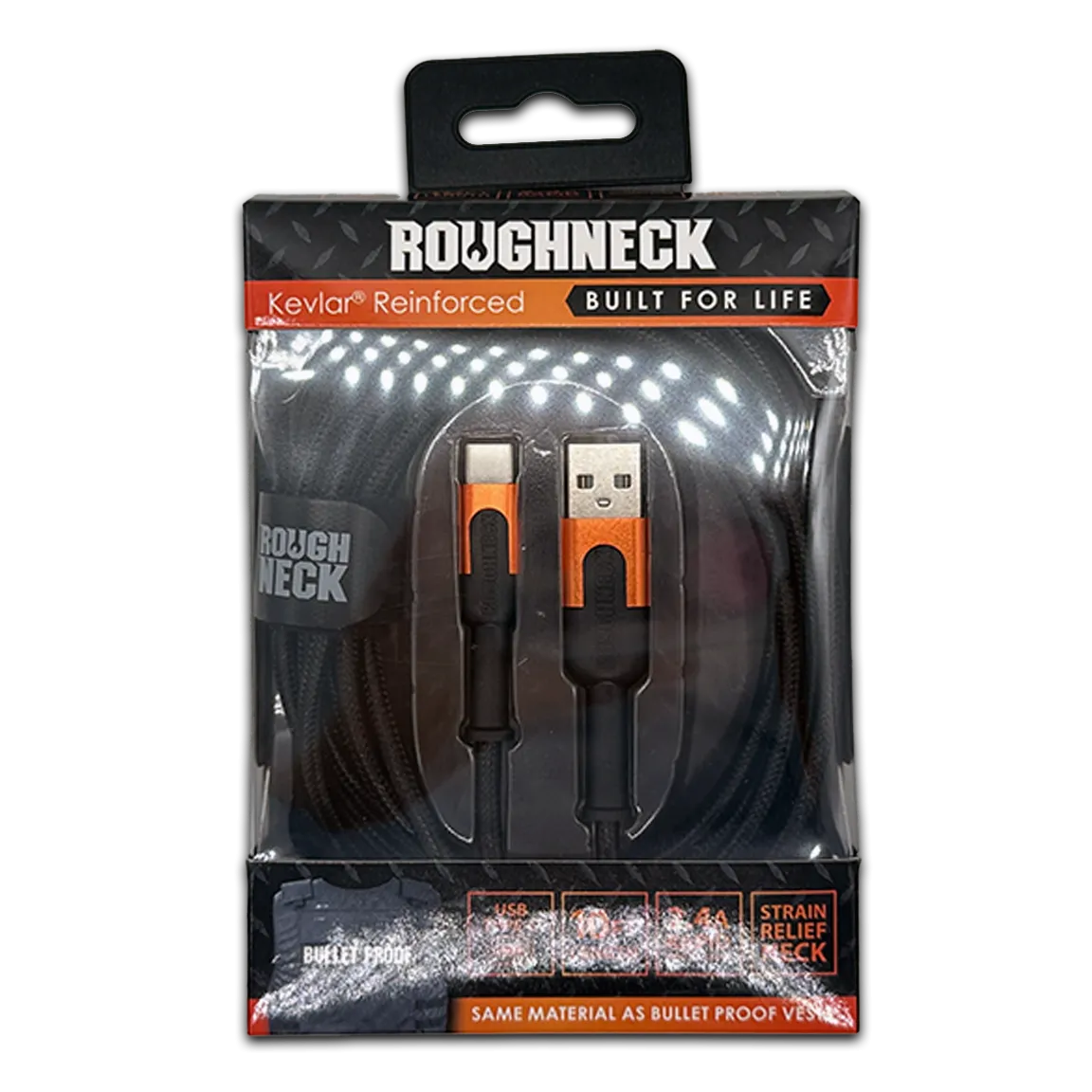 Charging Cable Roughneck Soft Cloth USB to USB-C 10FT 2.4 Amp - 4 Pieces Per Retail Ready Pack 41593