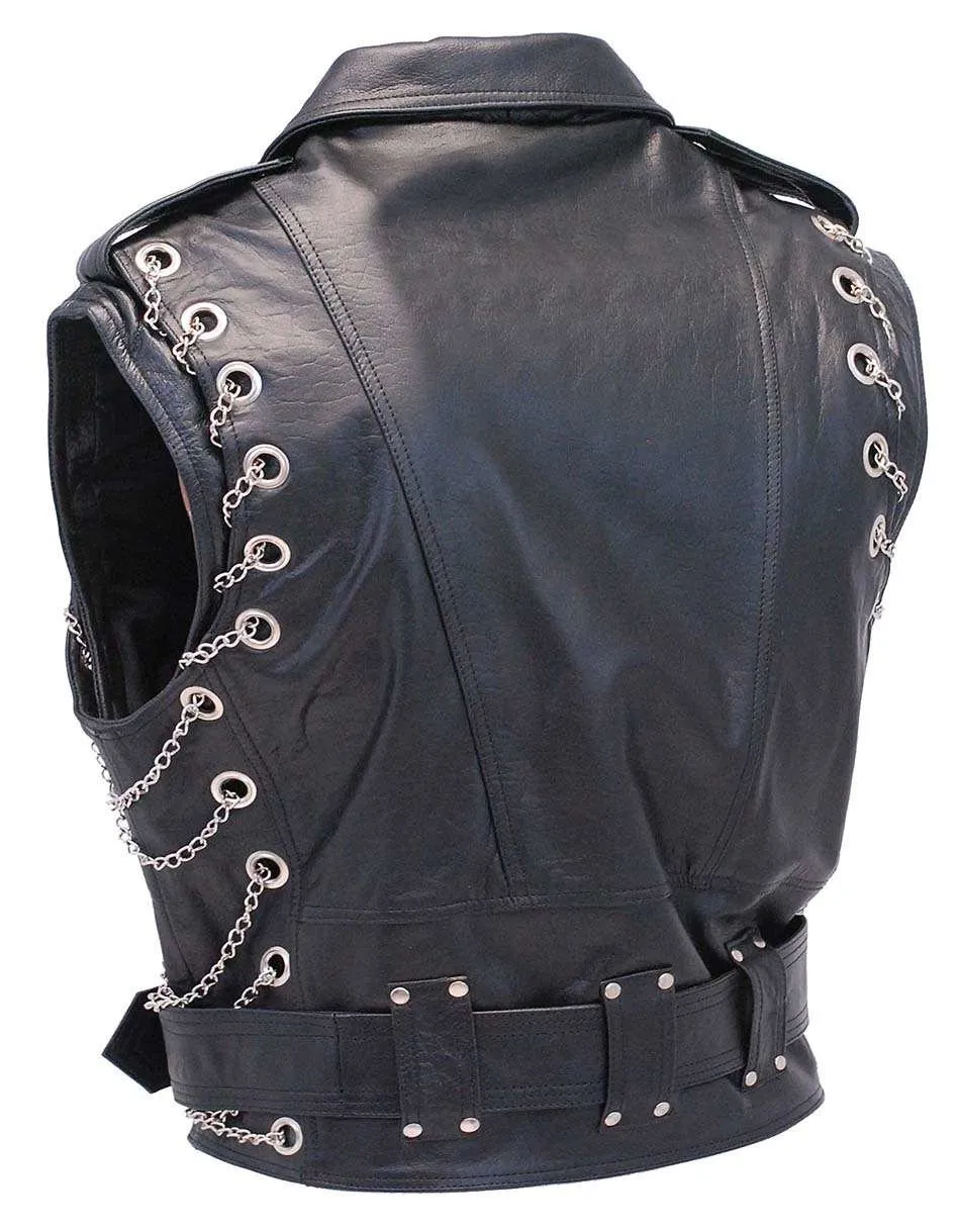 Chromed Out Leather Motorcycle Vest w/Chains #VM2001MCC