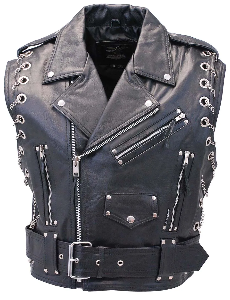 Chromed Out Leather Motorcycle Vest w/Chains #VM2001MCC