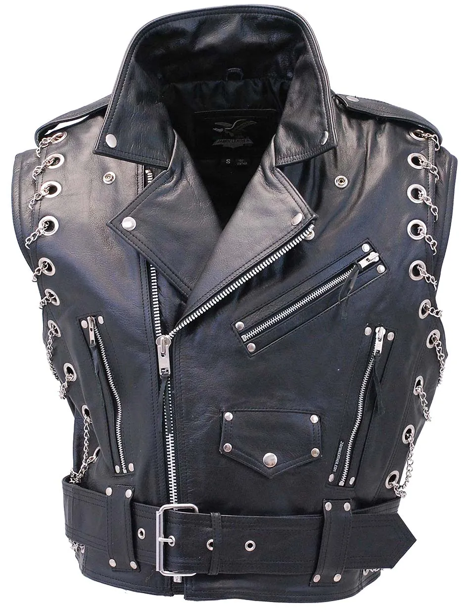 Chromed Out Leather Motorcycle Vest w/Chains #VM2001MCC