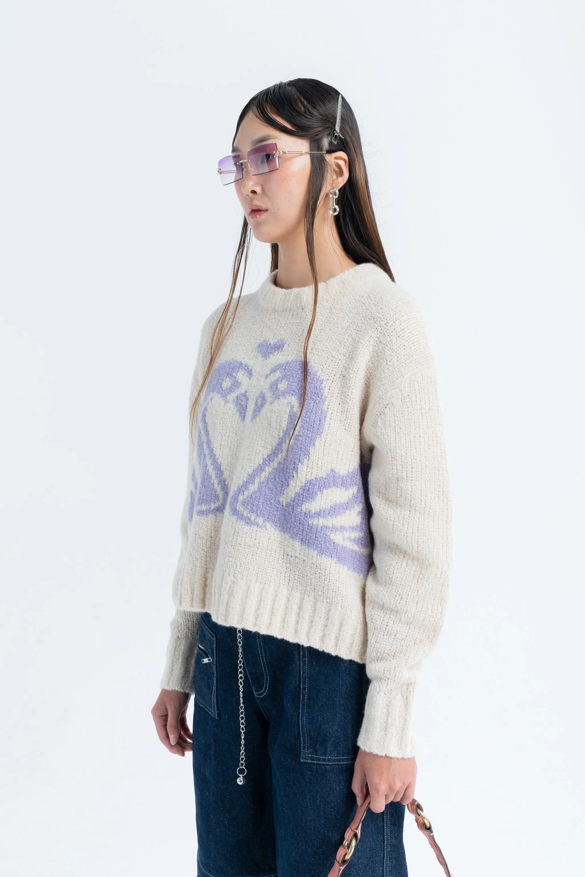 Chunky Standard Sweater in Cream W/ Purple Swan