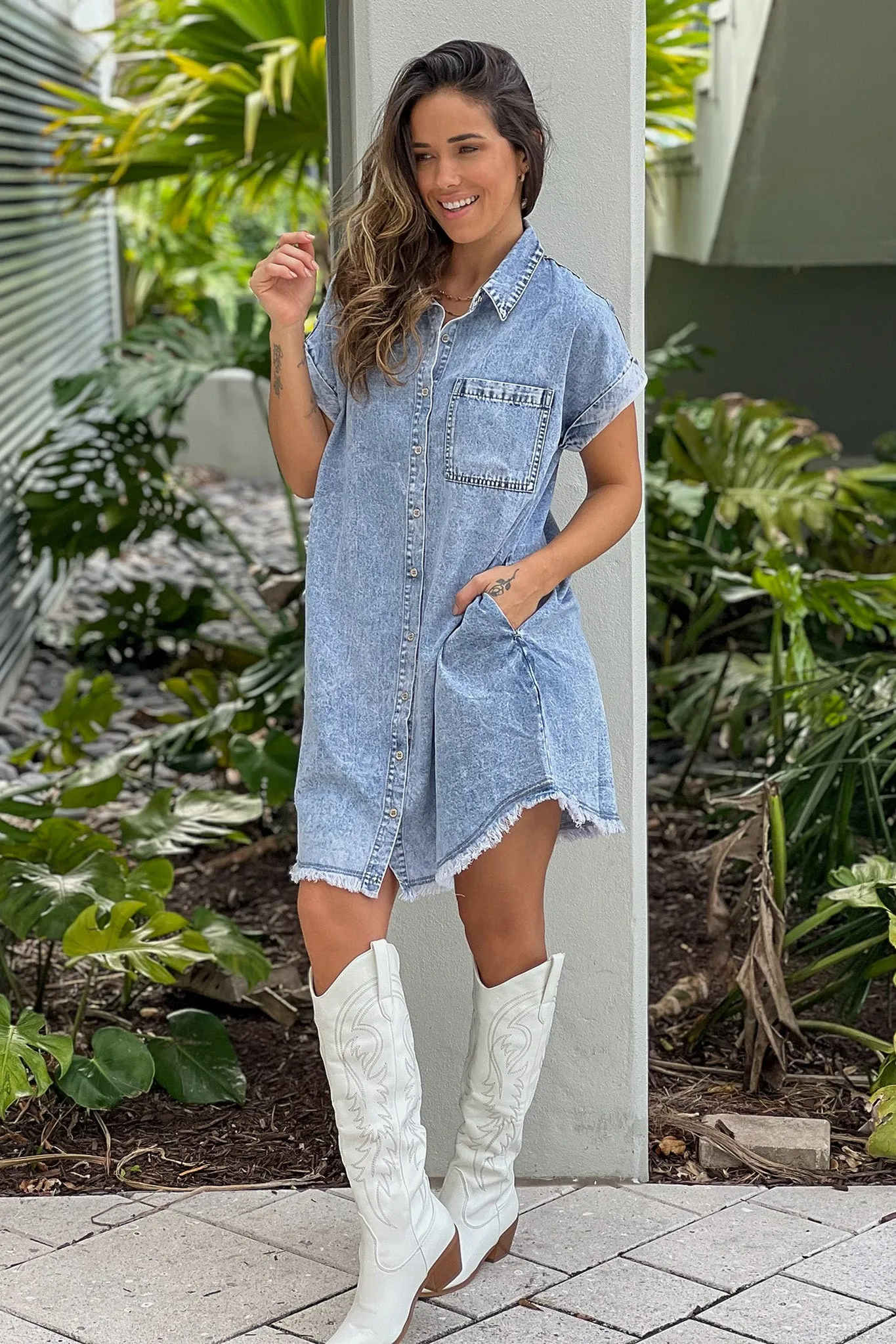 Denim Shirt Dress With Frayed Hem