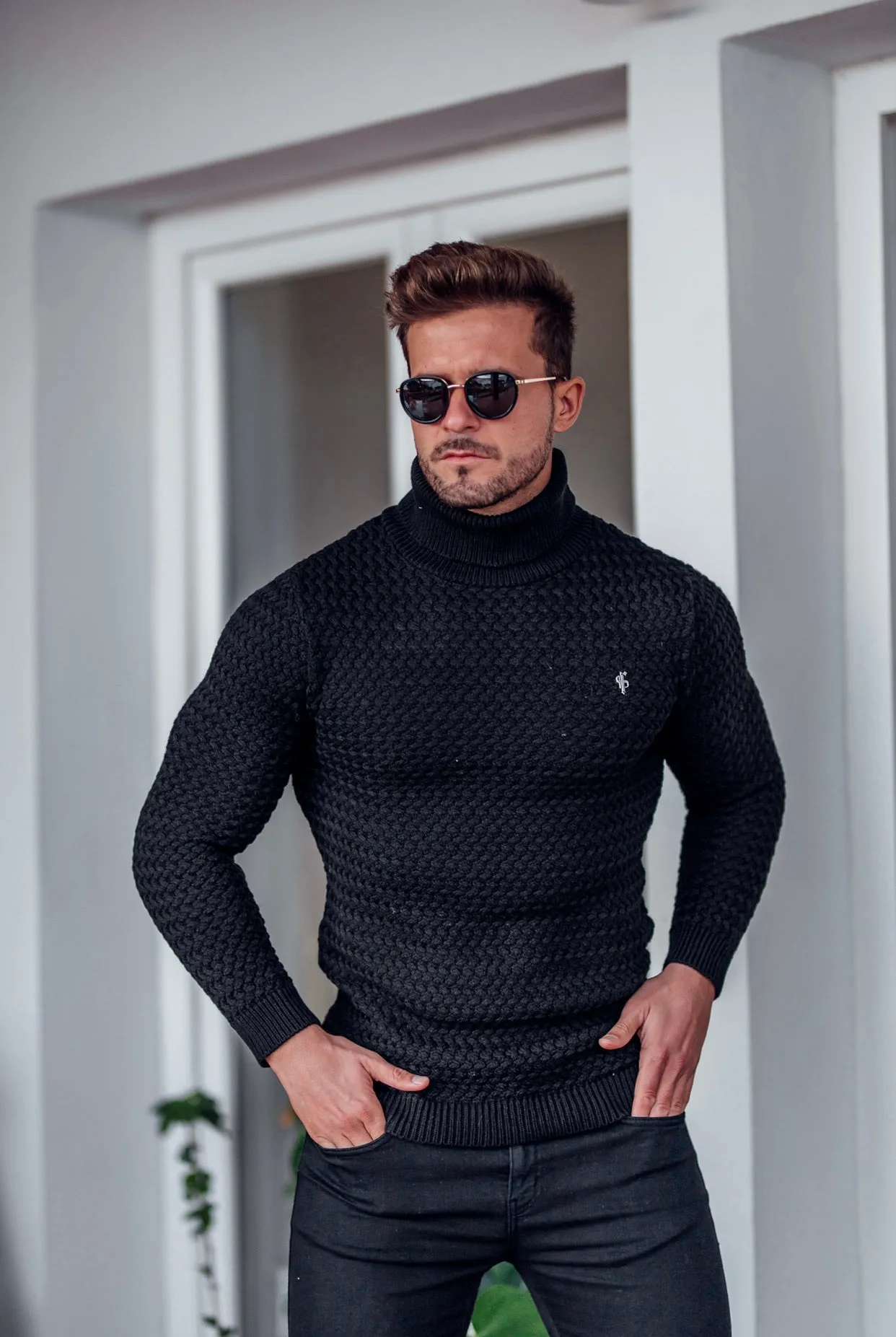 Father Sons Black Knitted Roll Neck Weave Super Slim Sweater With Metal Decal - FSJ024