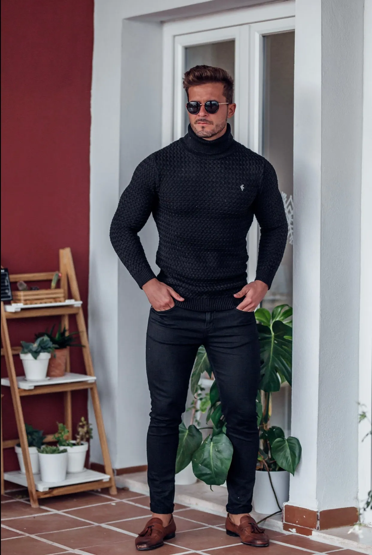 Father Sons Black Knitted Roll Neck Weave Super Slim Sweater With Metal Decal - FSJ024