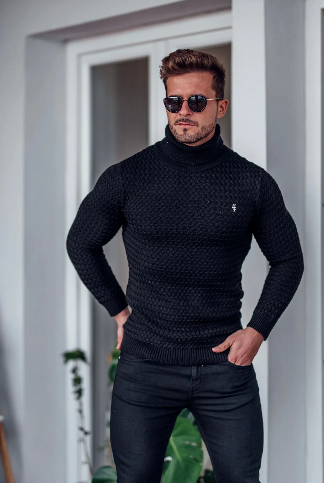 Father Sons Black Knitted Roll Neck Weave Super Slim Sweater With Metal Decal - FSJ024