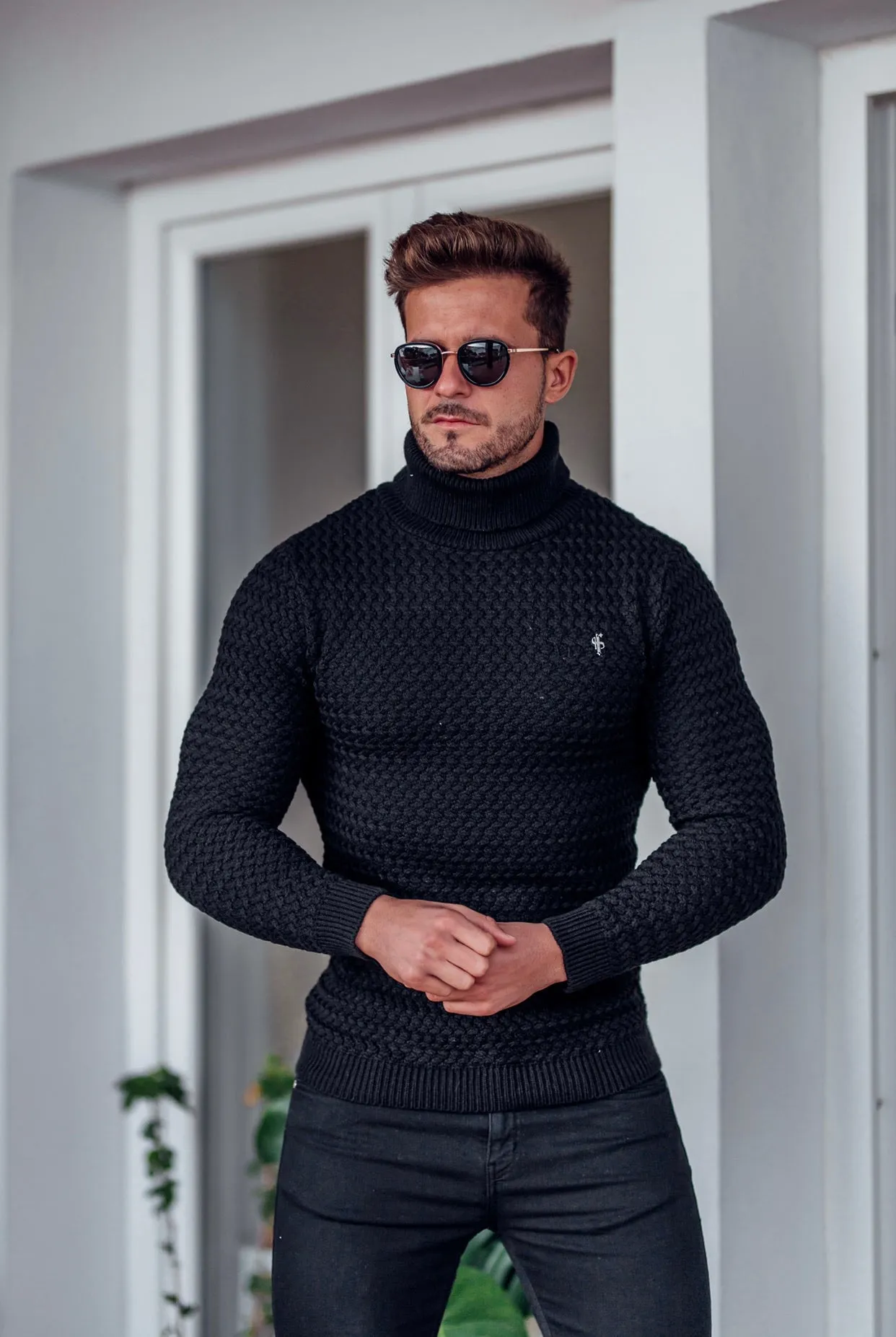 Father Sons Black Knitted Roll Neck Weave Super Slim Sweater With Metal Decal - FSJ024