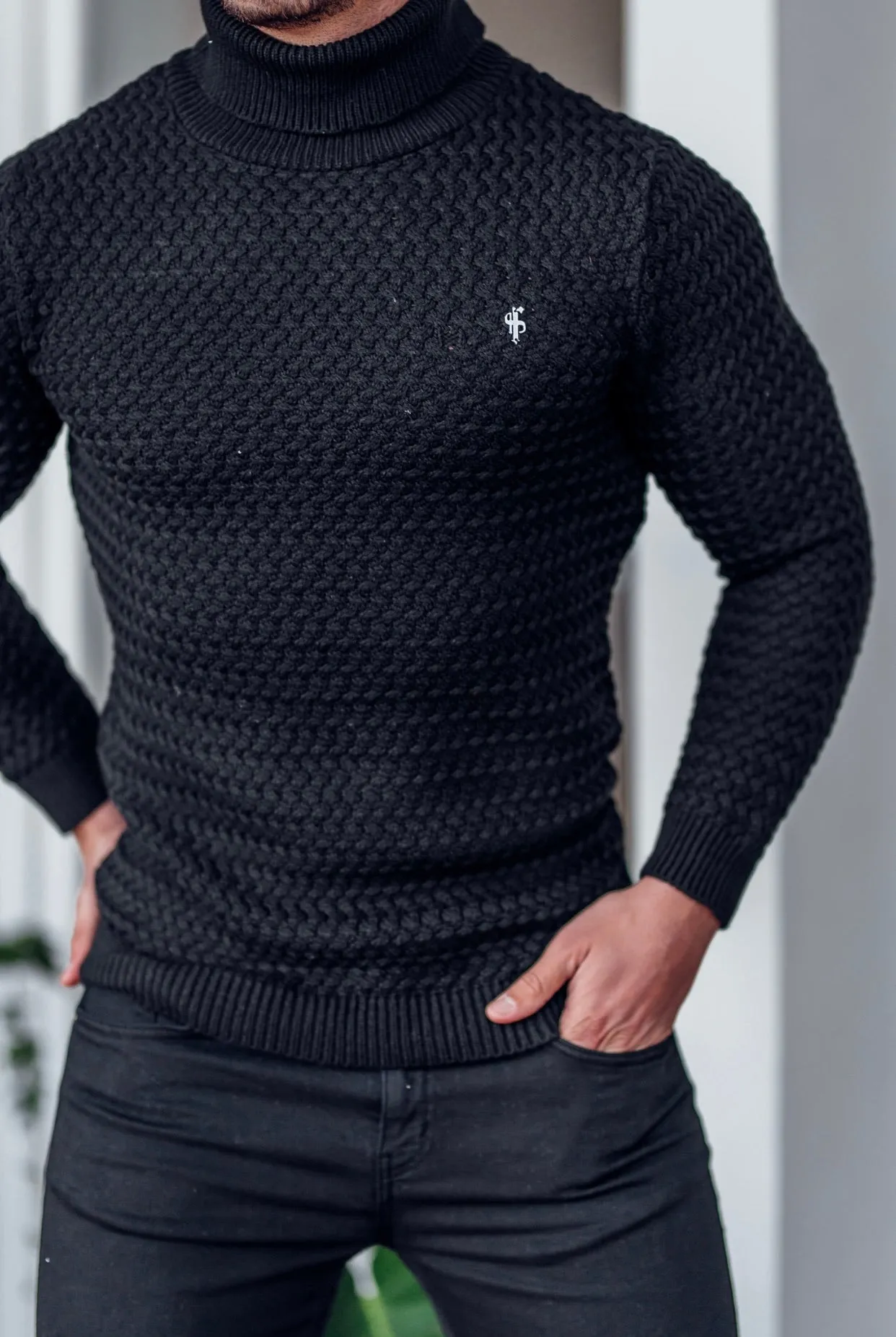 Father Sons Black Knitted Roll Neck Weave Super Slim Sweater With Metal Decal - FSJ024