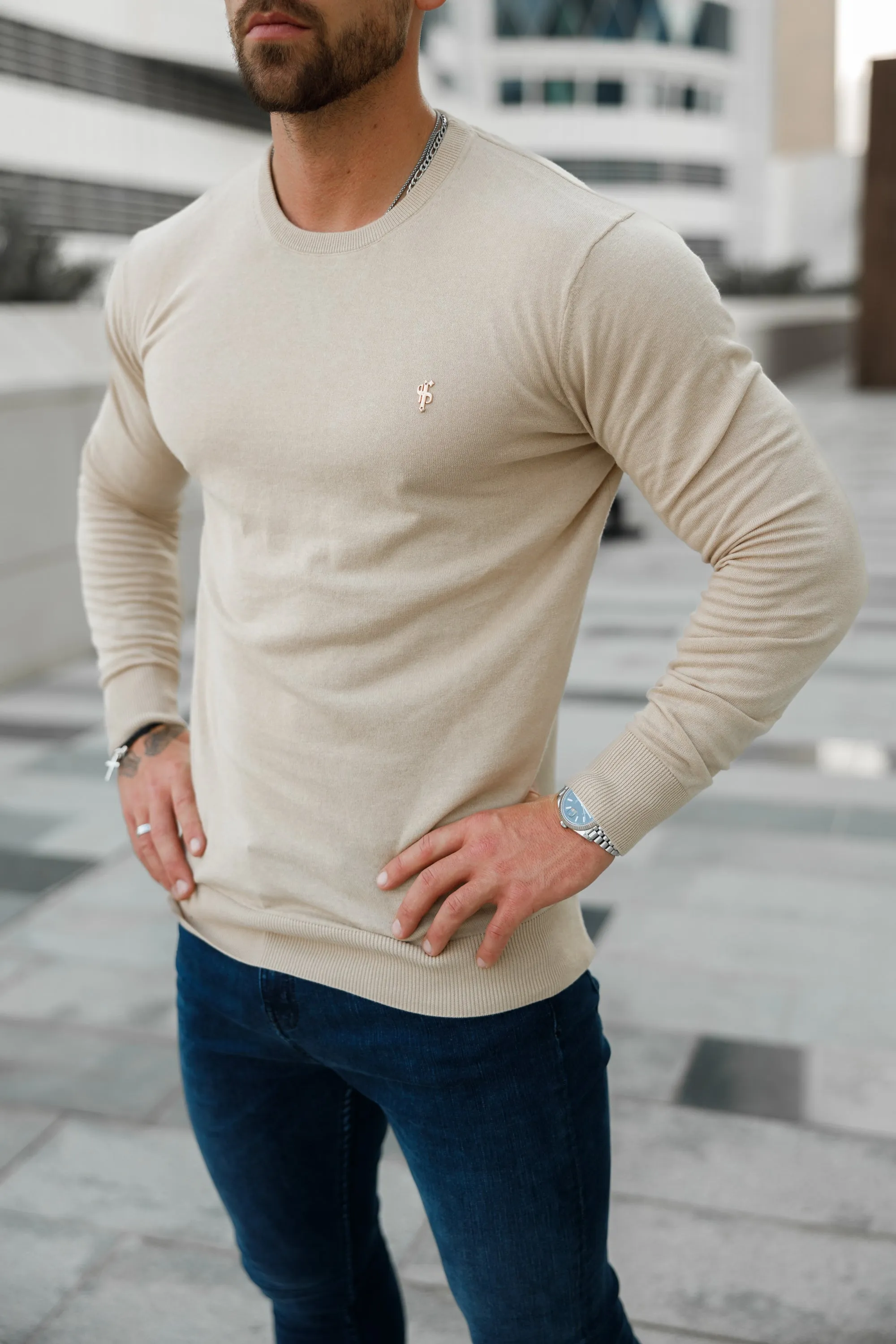 Father Sons Classic Beige Light Weight Knitted Crew Neck Sweater with Gold Metal Decal - FSN093