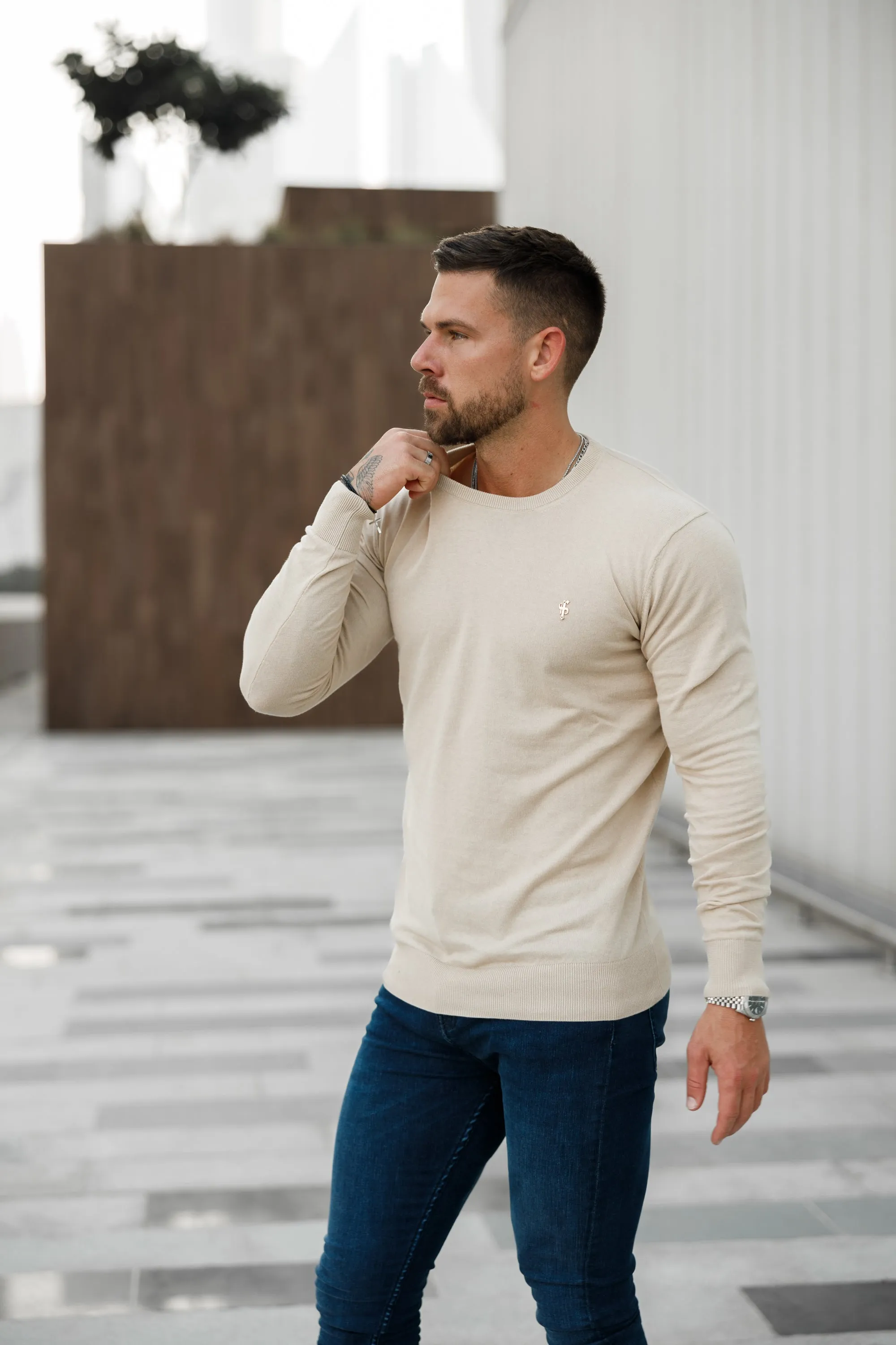 Father Sons Classic Beige Light Weight Knitted Crew Neck Sweater with Gold Metal Decal - FSN093