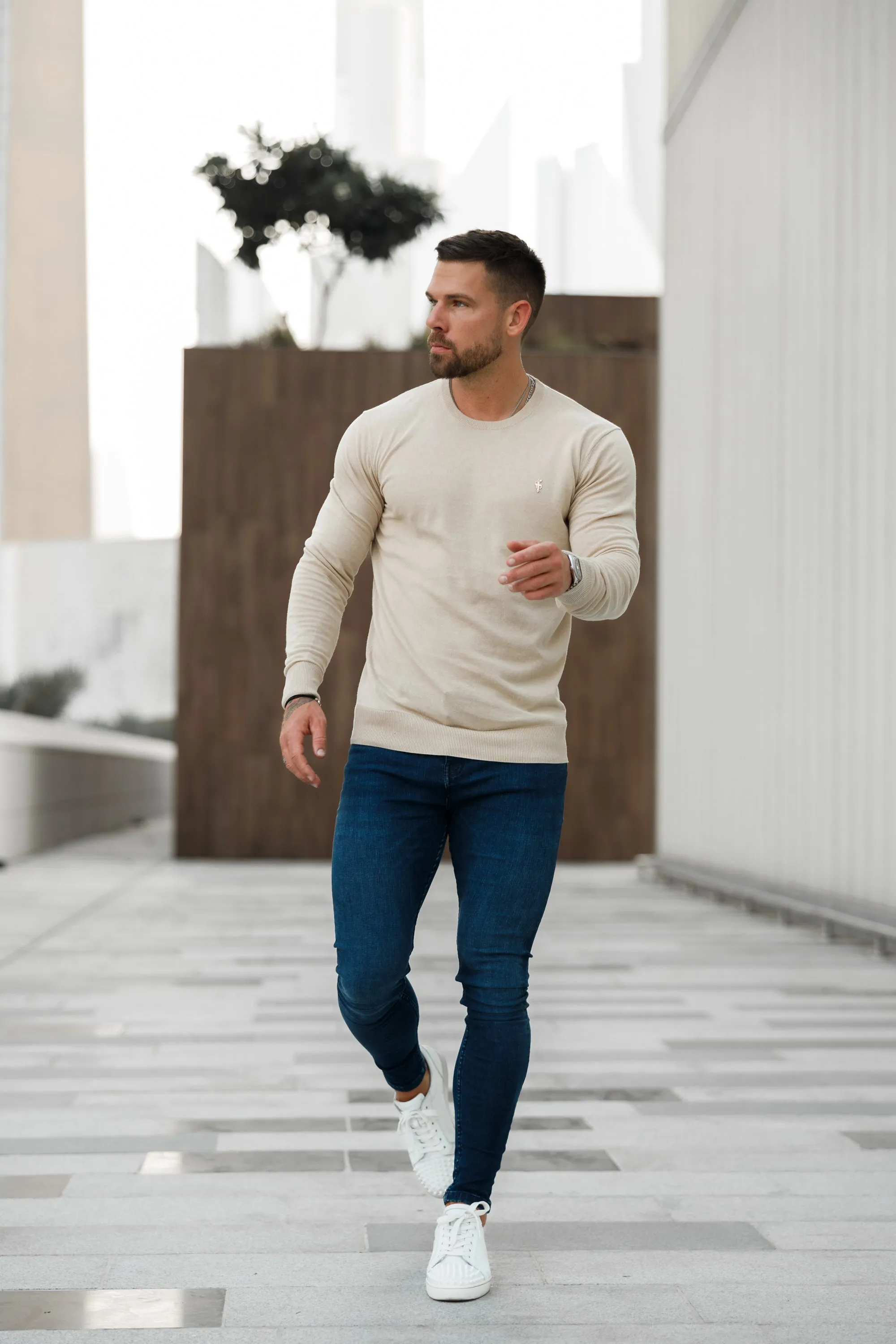 Father Sons Classic Beige Light Weight Knitted Crew Neck Sweater with Gold Metal Decal - FSN093