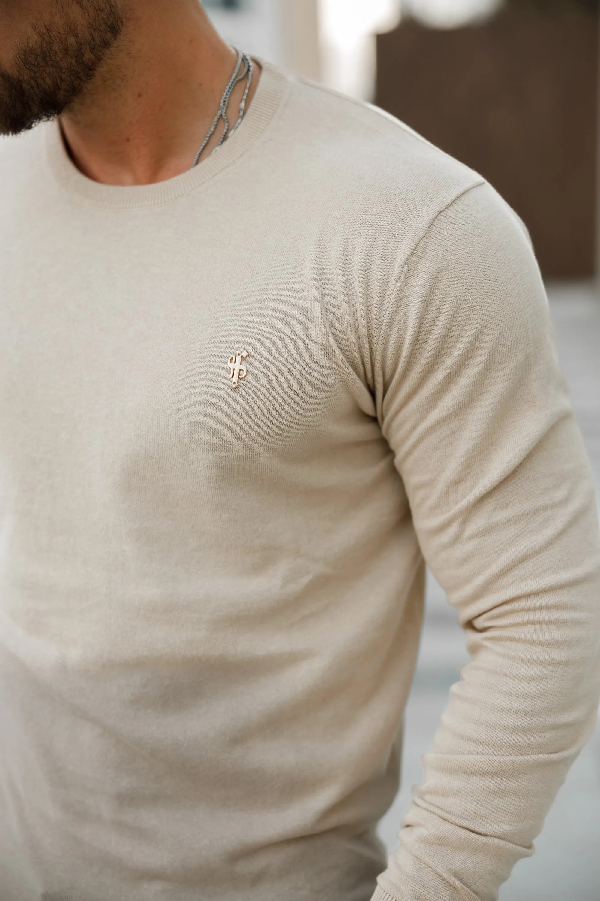 Father Sons Classic Beige Light Weight Knitted Crew Neck Sweater with Gold Metal Decal - FSN093