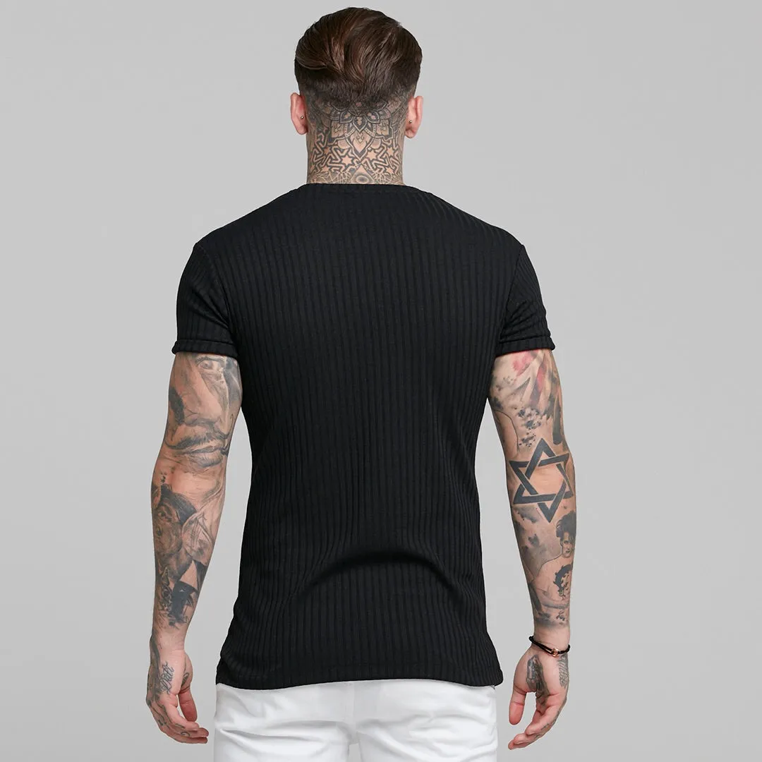 Father Sons Classic Black Ribbed Knit Super Slim Short Sleeve Crew - FSH241