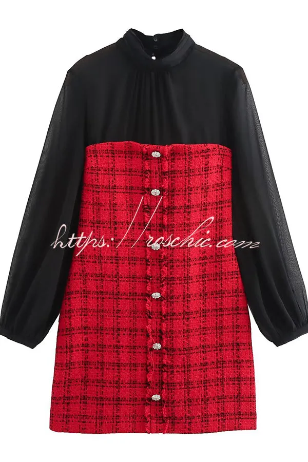 Festive Elegance Tulle Plaid Tweed Patchwork Balloon Sleeve Mini Dress