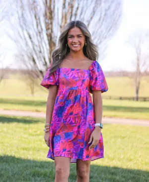 Floral Print Bubble Sleeve Babydoll Dress