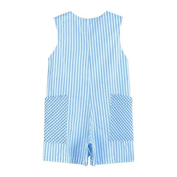 Fuzzy Easter Bunny Striped Gingham Pockets Embroidery Blue Jon Jon Romper