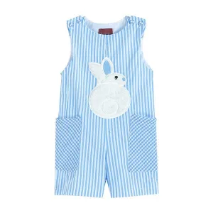 Fuzzy Easter Bunny Striped Gingham Pockets Embroidery Blue Jon Jon Romper