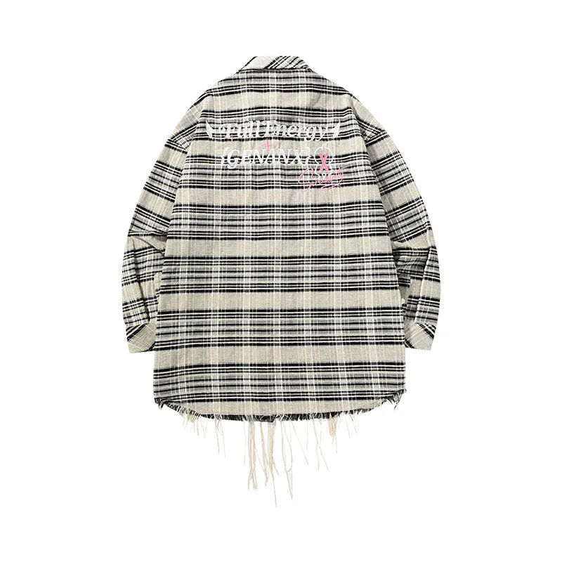 【GENANX2024NEW】Long-sleeved shirt in contrasting plaid with irregular raw hem