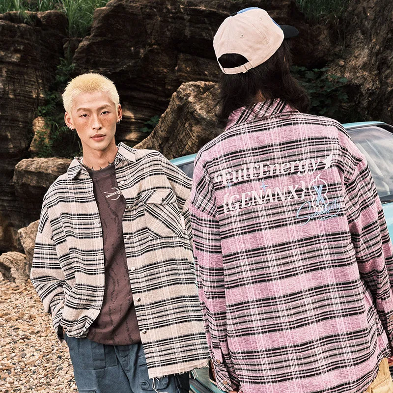 【GENANX2024NEW】Long-sleeved shirt in contrasting plaid with irregular raw hem