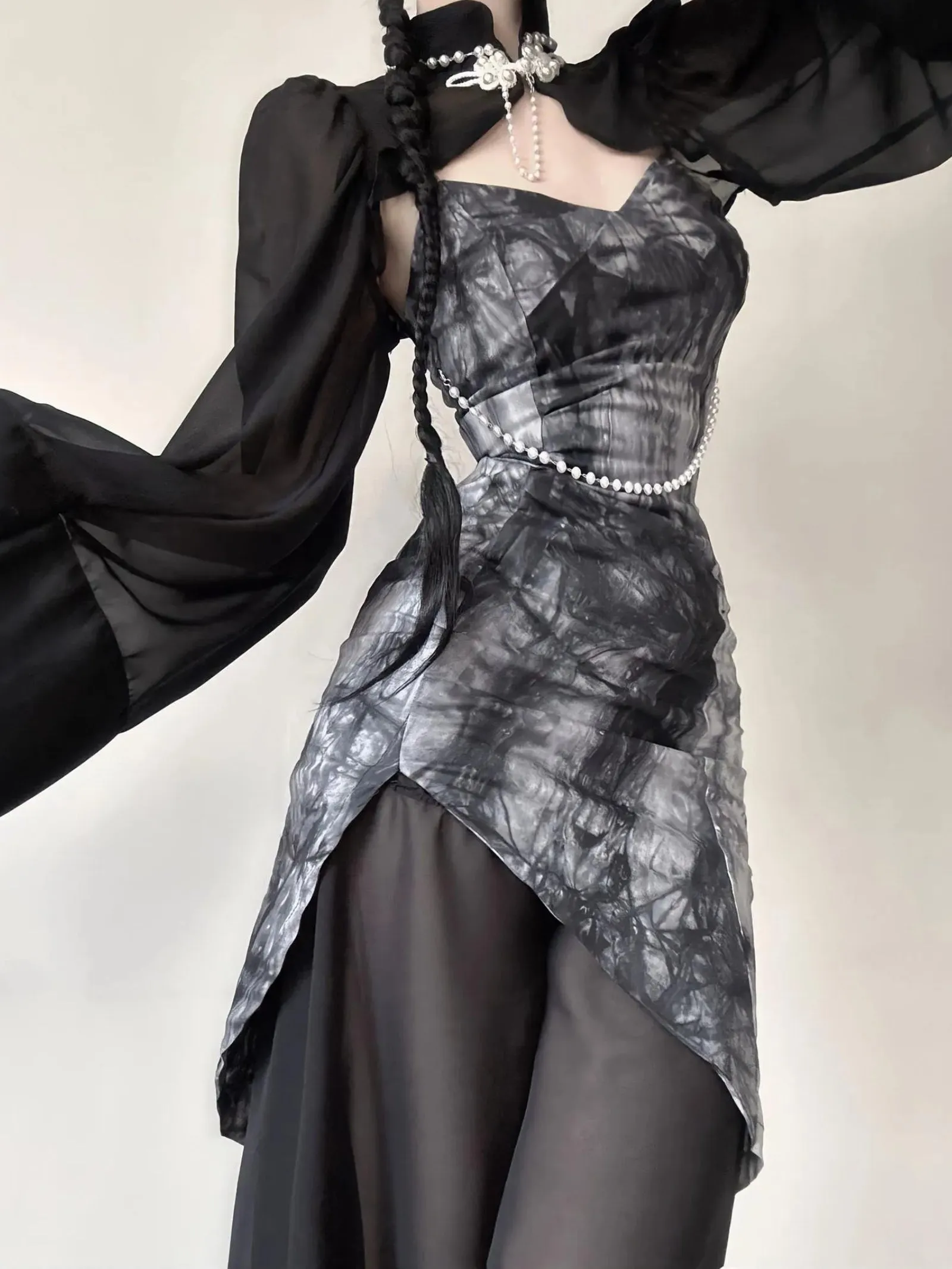 Goth Wide Sleeve Qipao Midi Dress