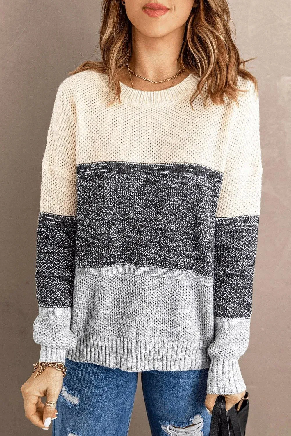 Gray Color Block Netted Texture Pullover Sweater