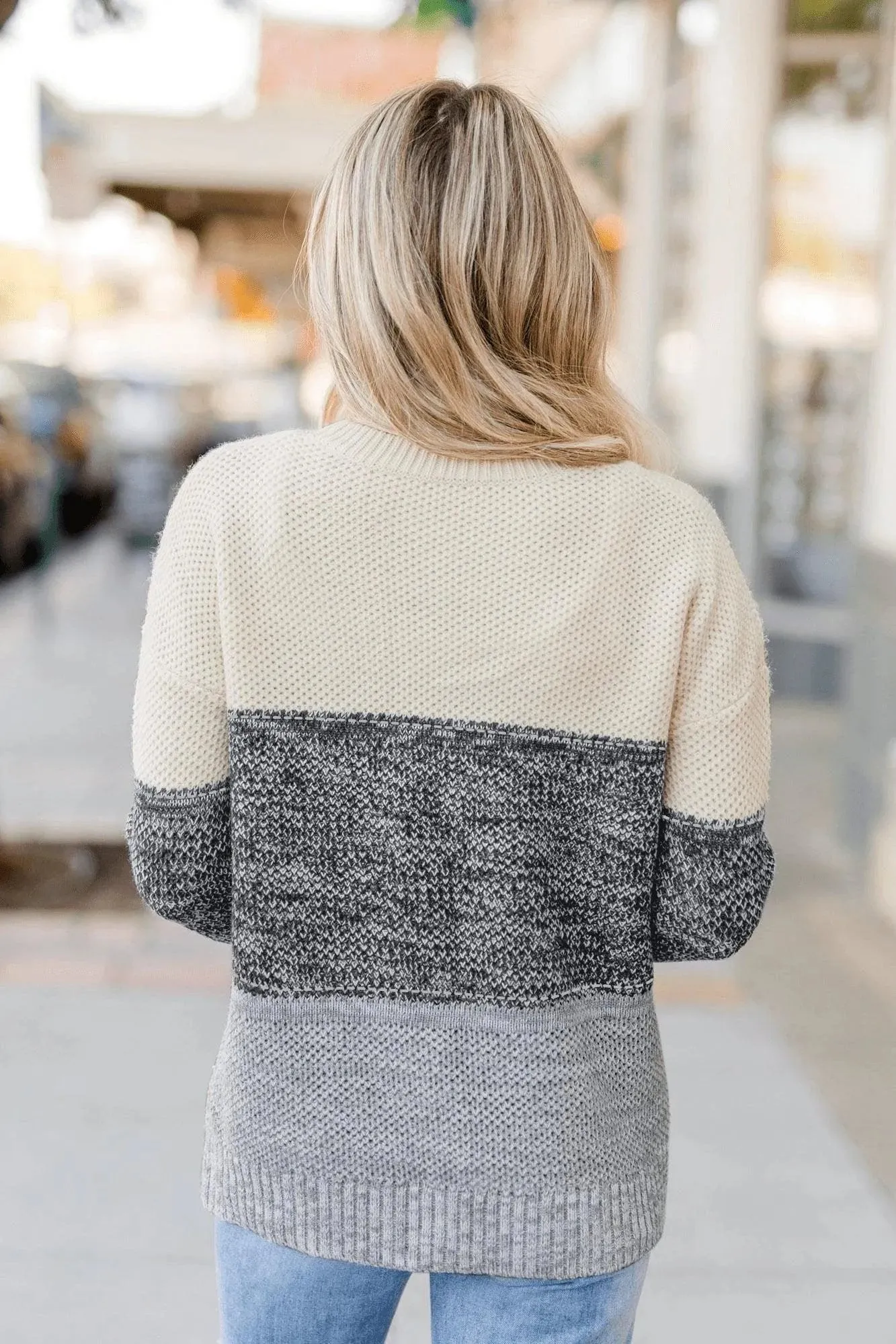 Gray Color Block Netted Texture Pullover Sweater