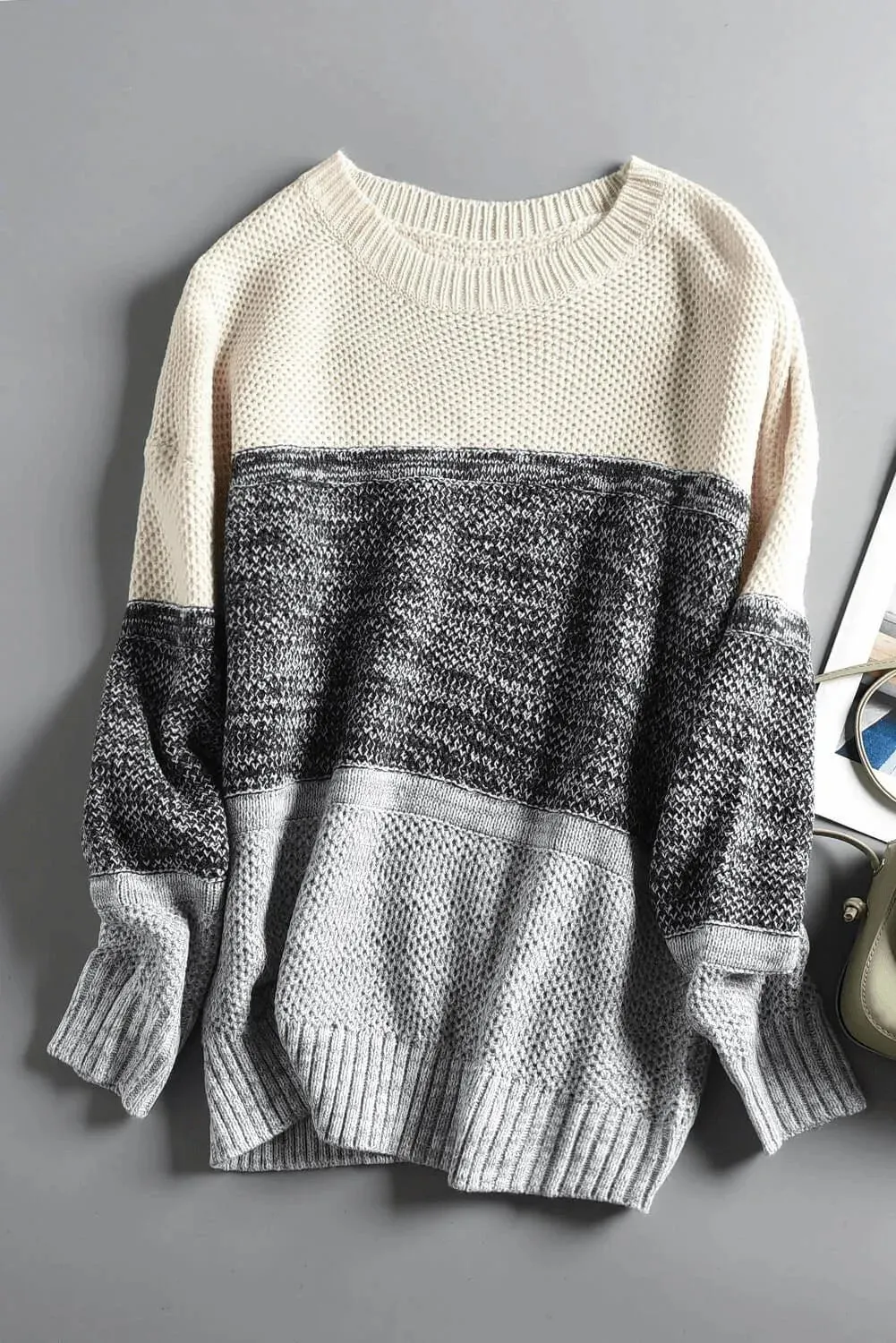 Gray Color Block Netted Texture Pullover Sweater