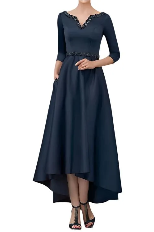 High Low A-Line V-Neck Satin Mother of The Bride Dresses