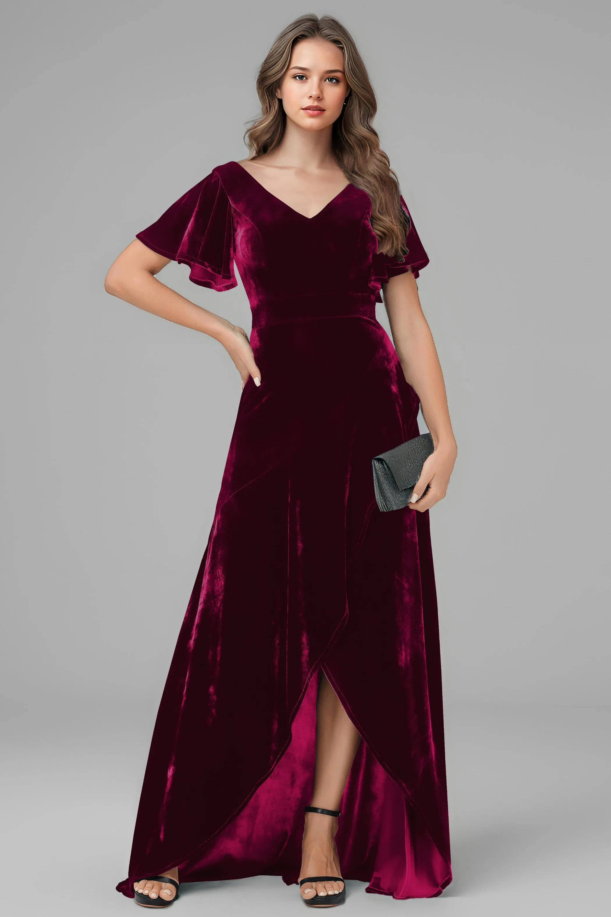 High Low V-Neck Short Sleeves Velvet Bridesmaid Dresses