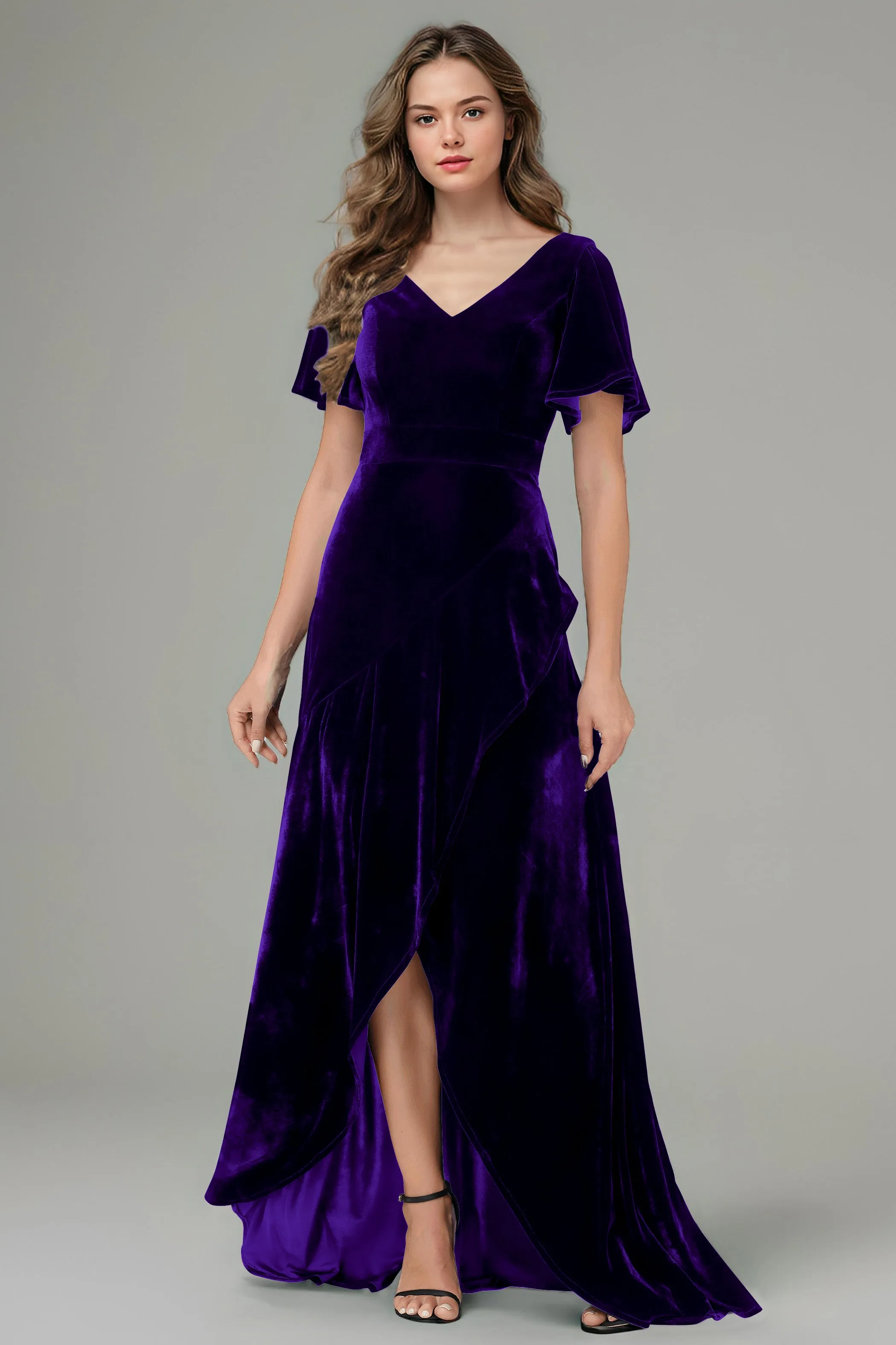 High Low V-Neck Short Sleeves Velvet Bridesmaid Dresses