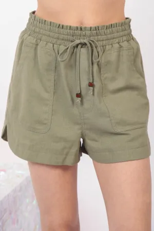 Hot Girl Drawstring Elastic Waist Linen Shorts In Olive