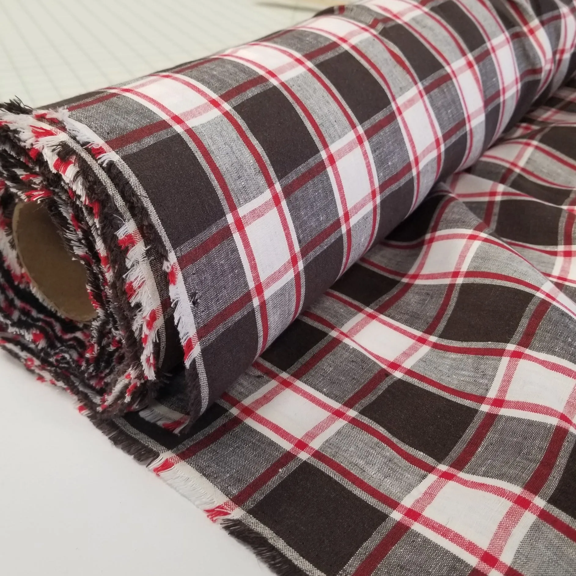 Irish Linen Plaid Red and Brown Bryson Woven 194 GSM- by the yard