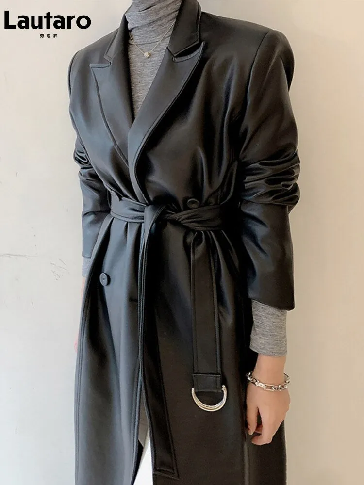 LAUTARO Luxury Faux Leather Trench Coat