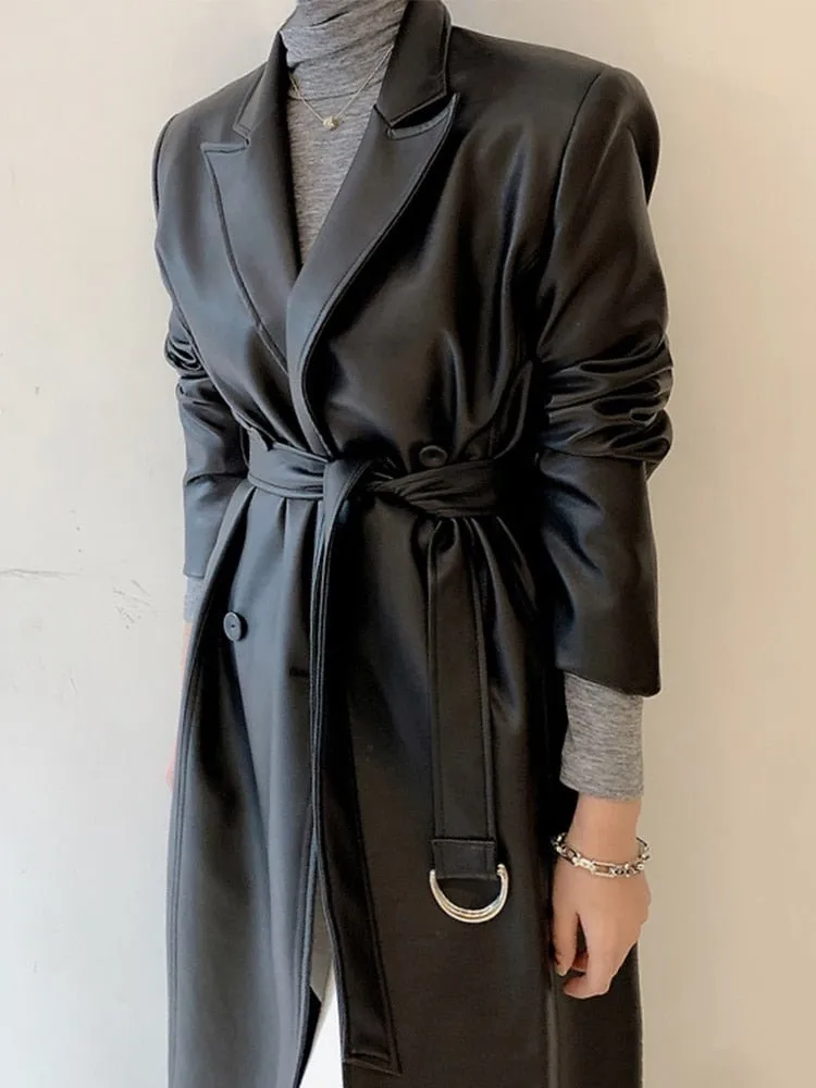 LAUTARO Luxury Faux Leather Trench Coat