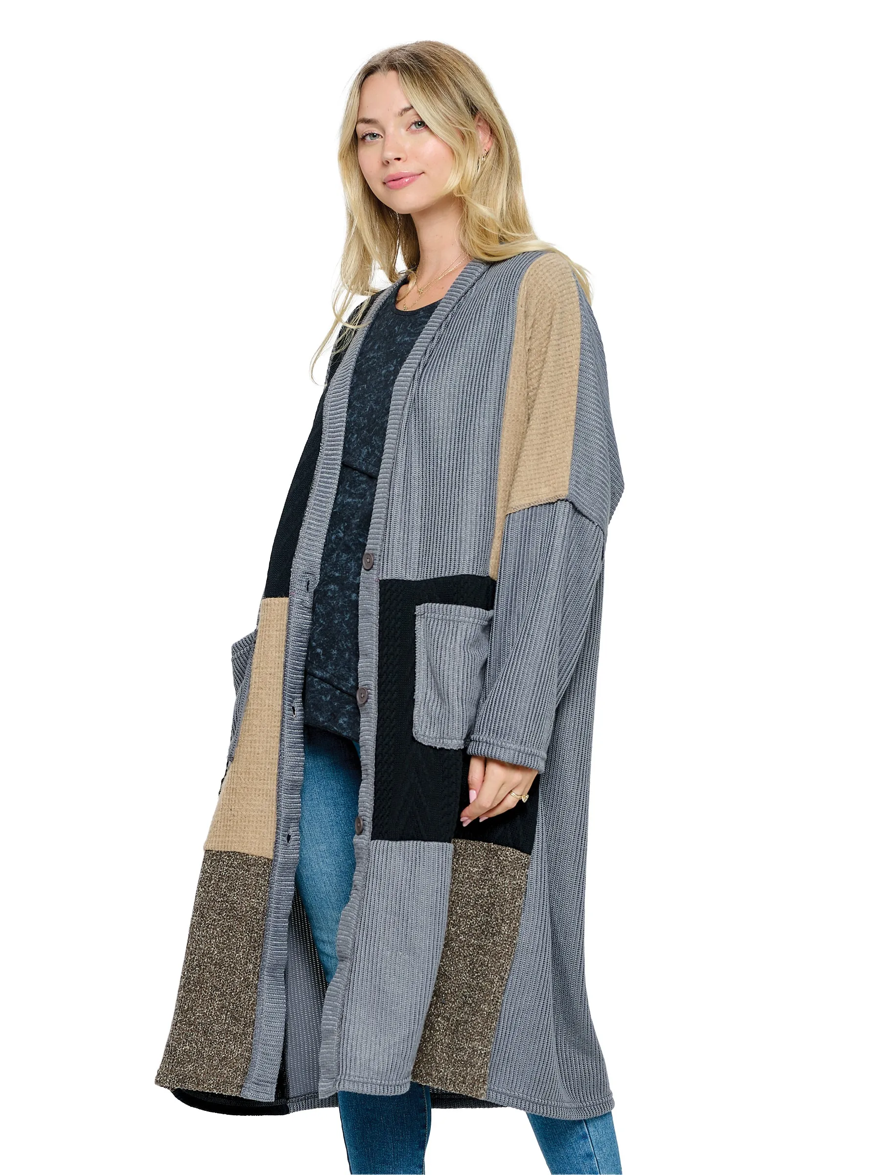 Long Cardigan Knit Colorblock Patchwork