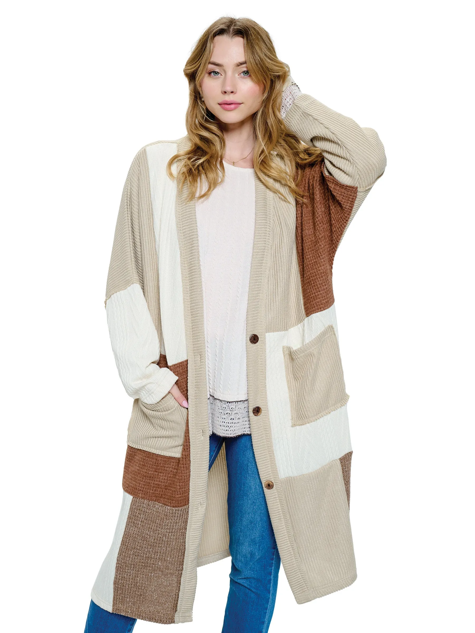 Long Cardigan Knit Colorblock Patchwork