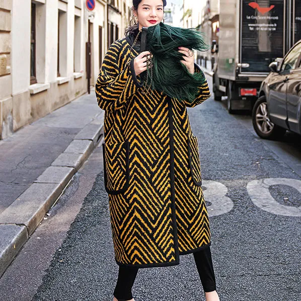 Luxury black yellow striped long coat Loose fitting o neck Coats boutique pockets wool jackets