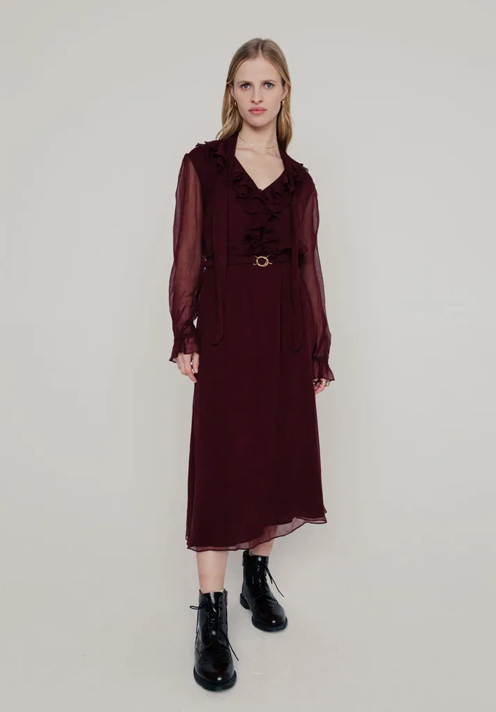 Margot Ruffle Neck Midi Dress In Burgundy