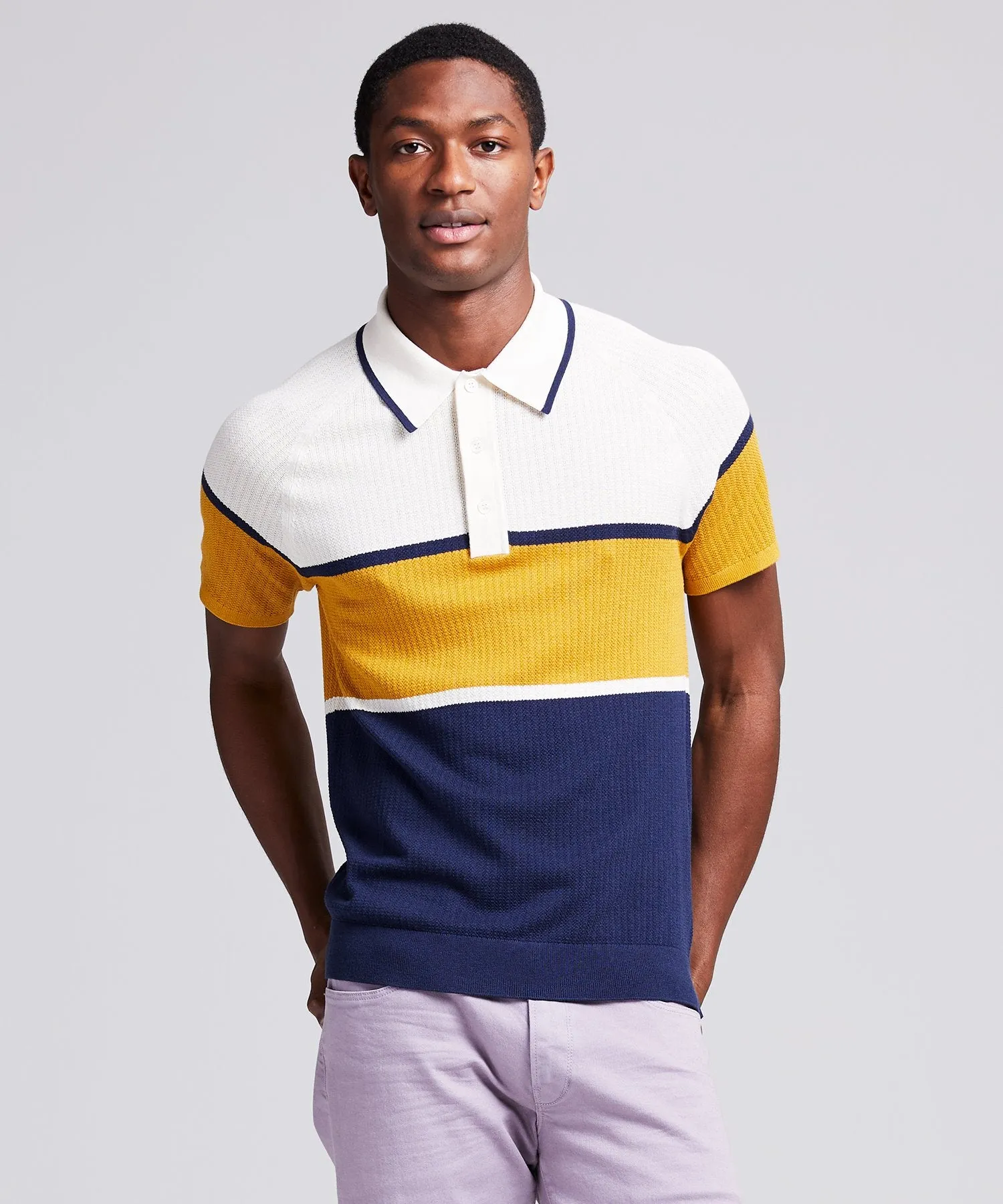 Mesh Tricolor Cotton Silk Polo Sweater